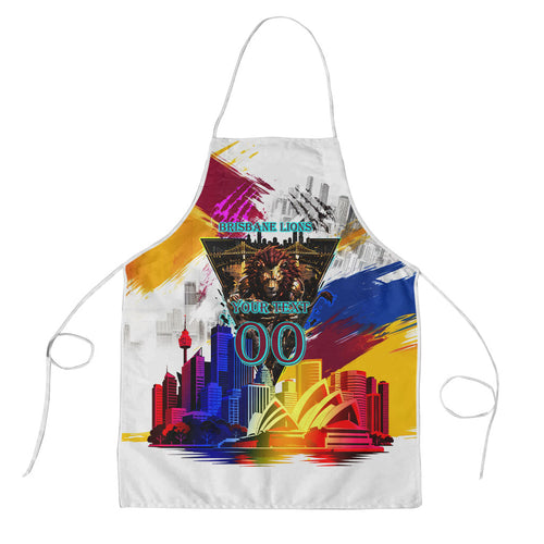 Personalised Brisbane Lions Football Apron Australia City Skyline Graphic Fierce Mascot Art