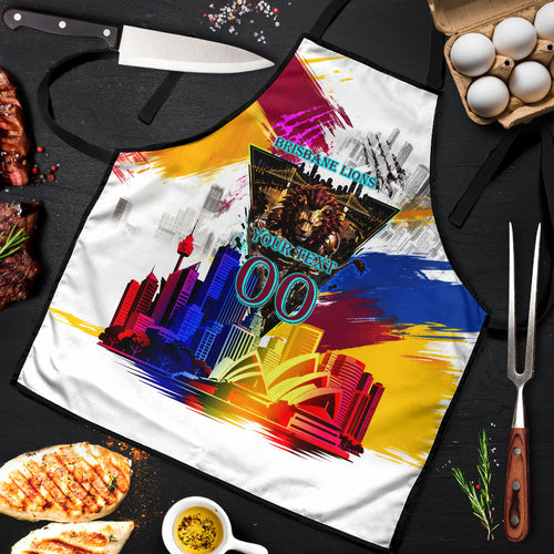 Personalised Brisbane Lions Football Apron Australia City Skyline Graphic Fierce Mascot Art