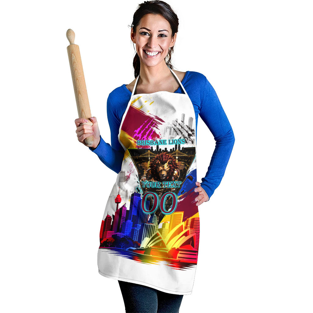 Personalised Brisbane Lions Football Apron Australia City Skyline Graphic Fierce Mascot Art