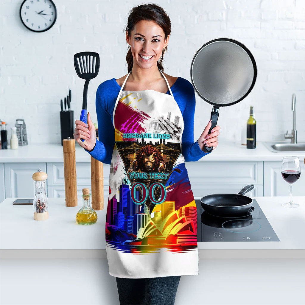 Personalised Brisbane Lions Football Apron Australia City Skyline Graphic Fierce Mascot Art