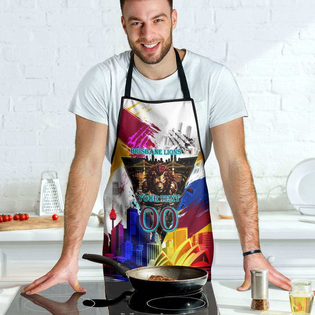 Personalised Brisbane Lions Football Apron Australia City Skyline Graphic Fierce Mascot Art