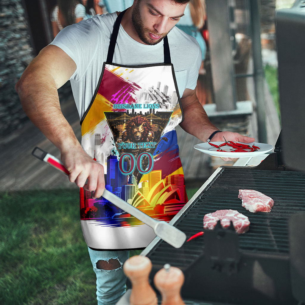 Personalised Brisbane Lions Football Apron Australia City Skyline Graphic Fierce Mascot Art