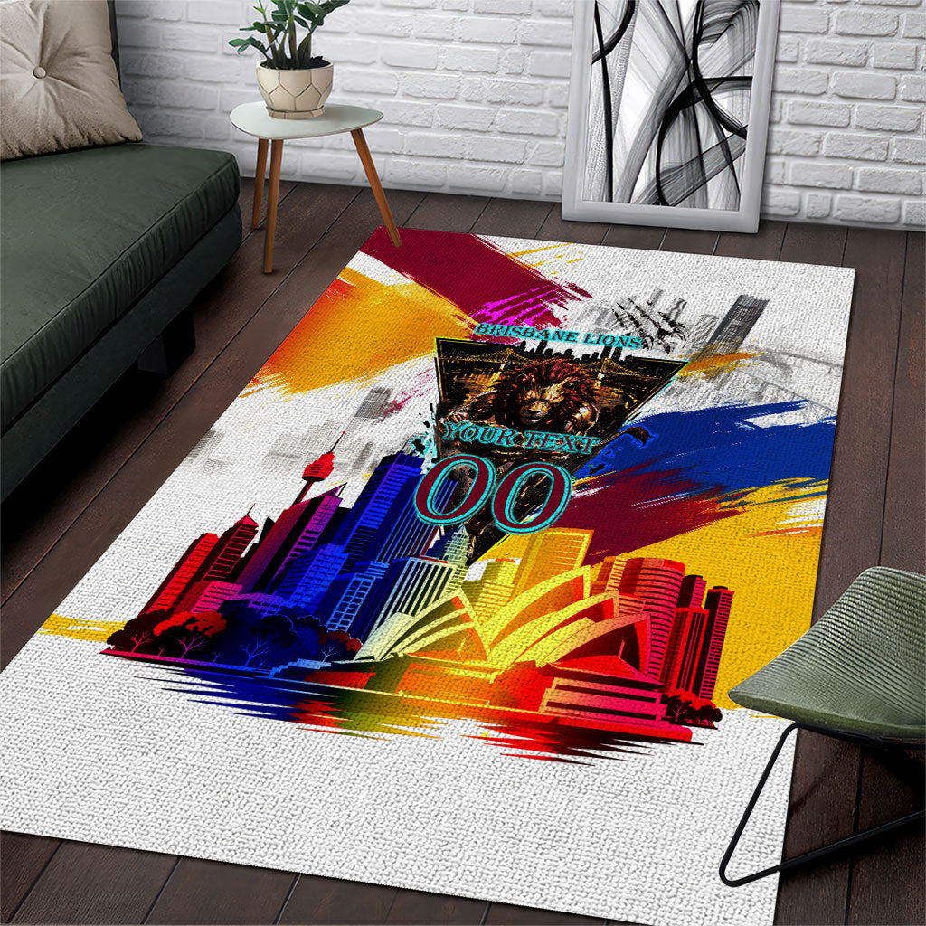 Personalised Brisbane Lions Football Area Rug Australia City Skyline Graphic Fierce Mascot Art