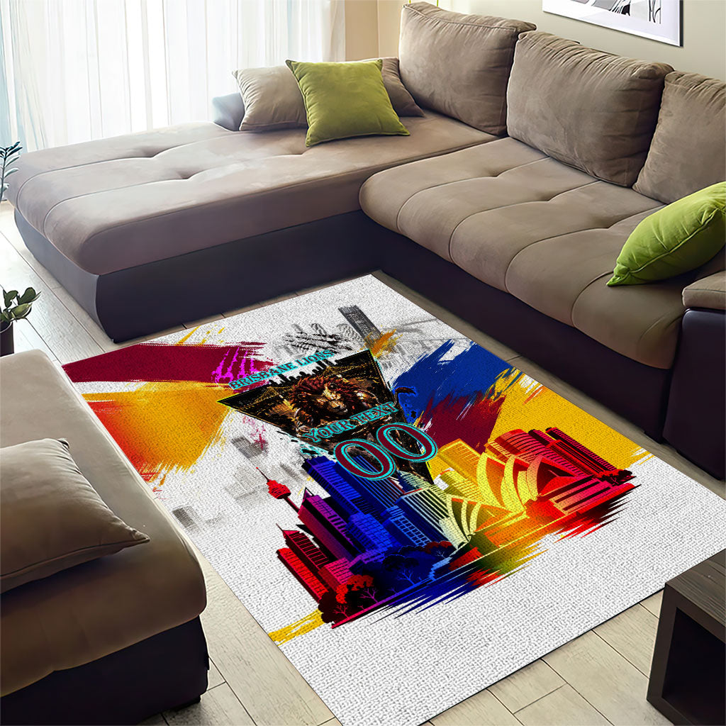 Personalised Brisbane Lions Football Area Rug Australia City Skyline Graphic Fierce Mascot Art