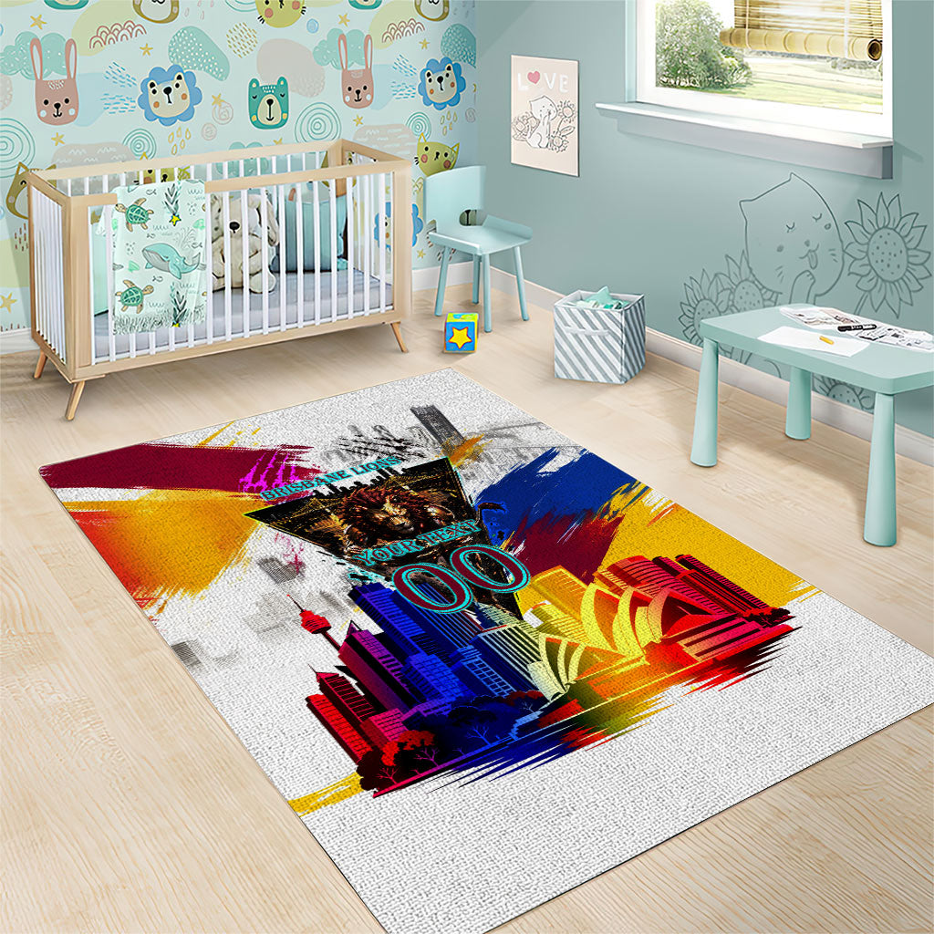 Personalised Brisbane Lions Football Area Rug Australia City Skyline Graphic Fierce Mascot Art