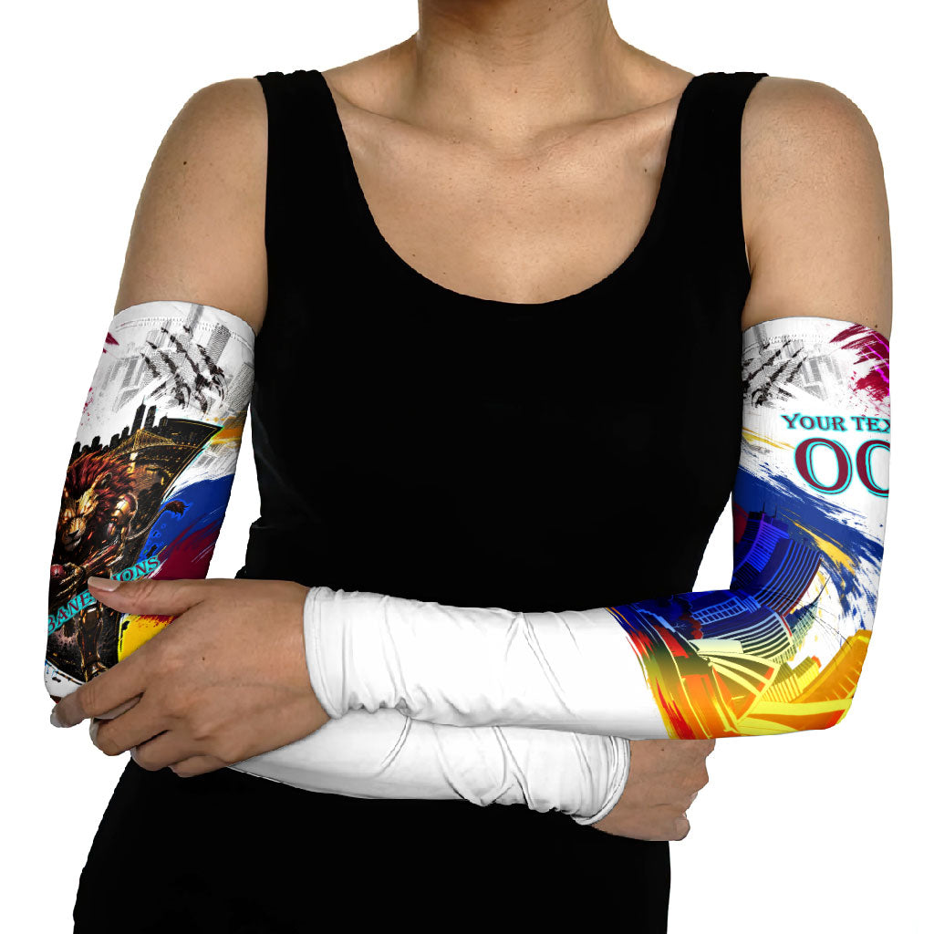 Personalised Brisbane Lions Football Arm Sleeves Australia City Skyline Graphic Fierce Mascot Art