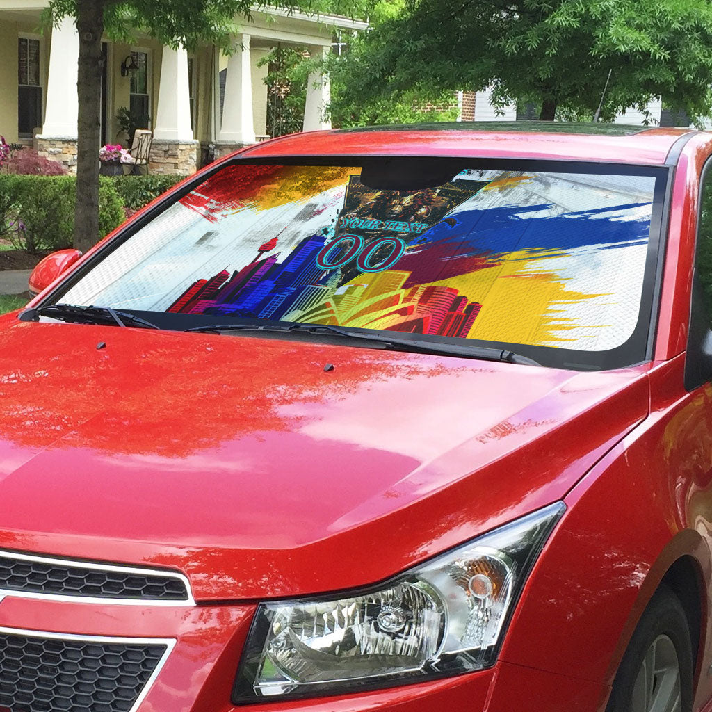 Personalised Brisbane Lions Football Auto Sun Shade Australia City Skyline Graphic Fierce Mascot Art