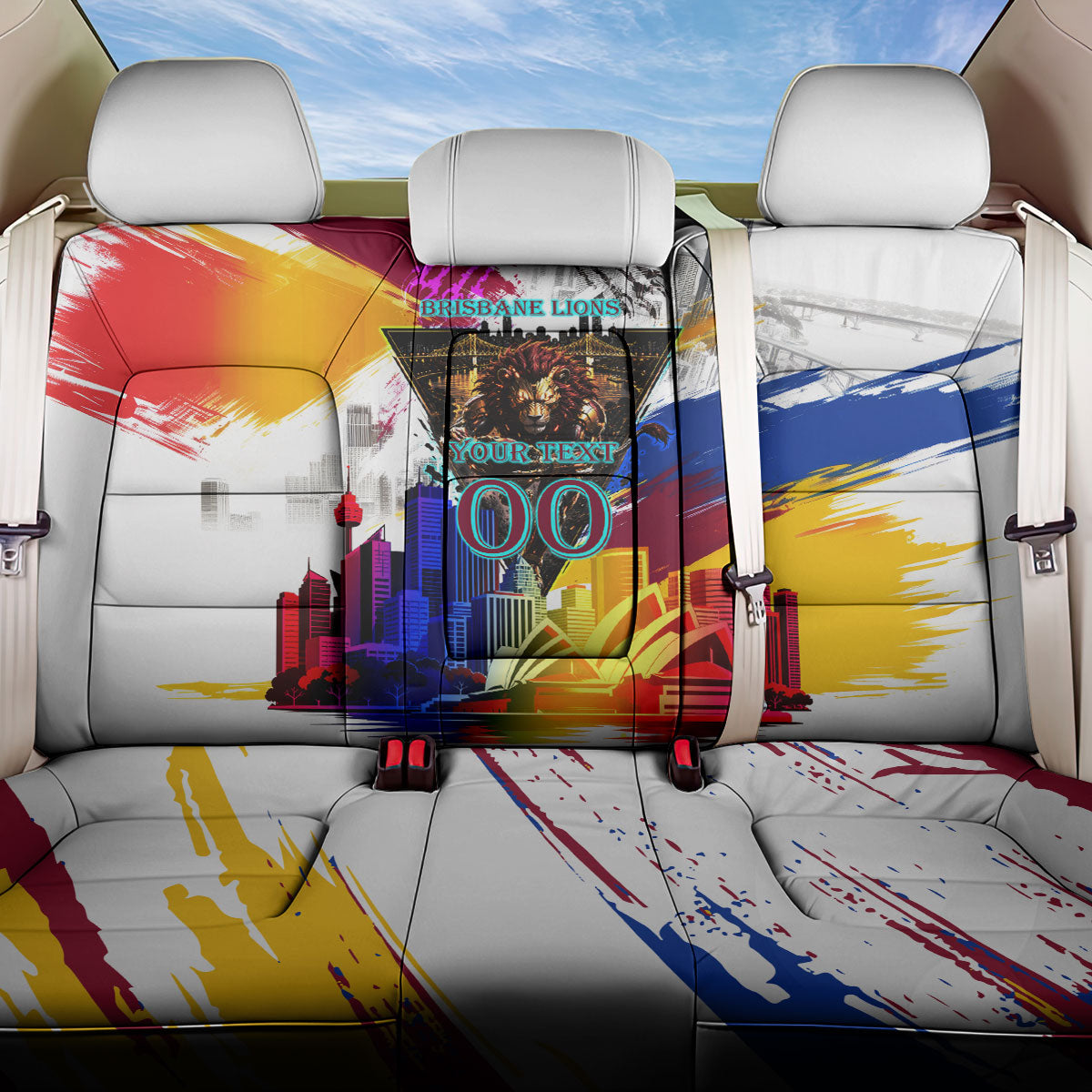 Personalised Brisbane Lions Football Back Car Seat Cover Australia City Skyline Graphic Fierce Mascot Art