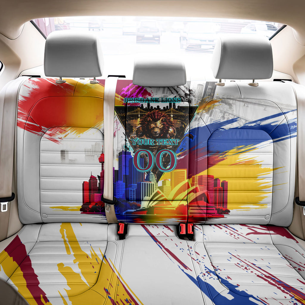 Personalised Brisbane Lions Football Back Car Seat Cover Australia City Skyline Graphic Fierce Mascot Art
