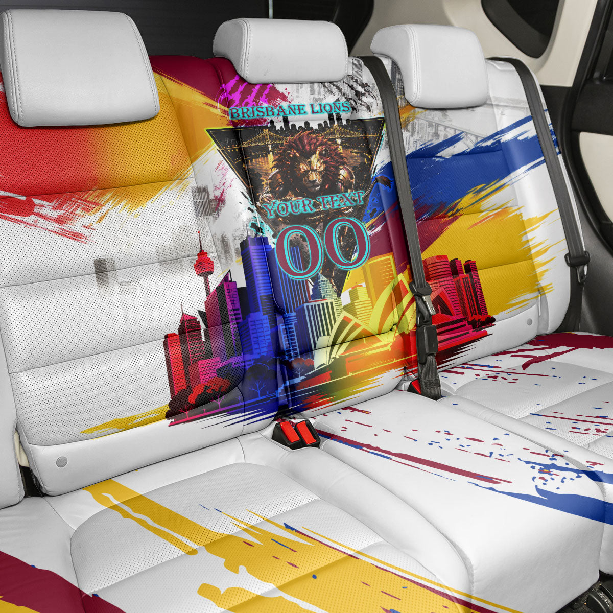 Personalised Brisbane Lions Football Back Car Seat Cover Australia City Skyline Graphic Fierce Mascot Art