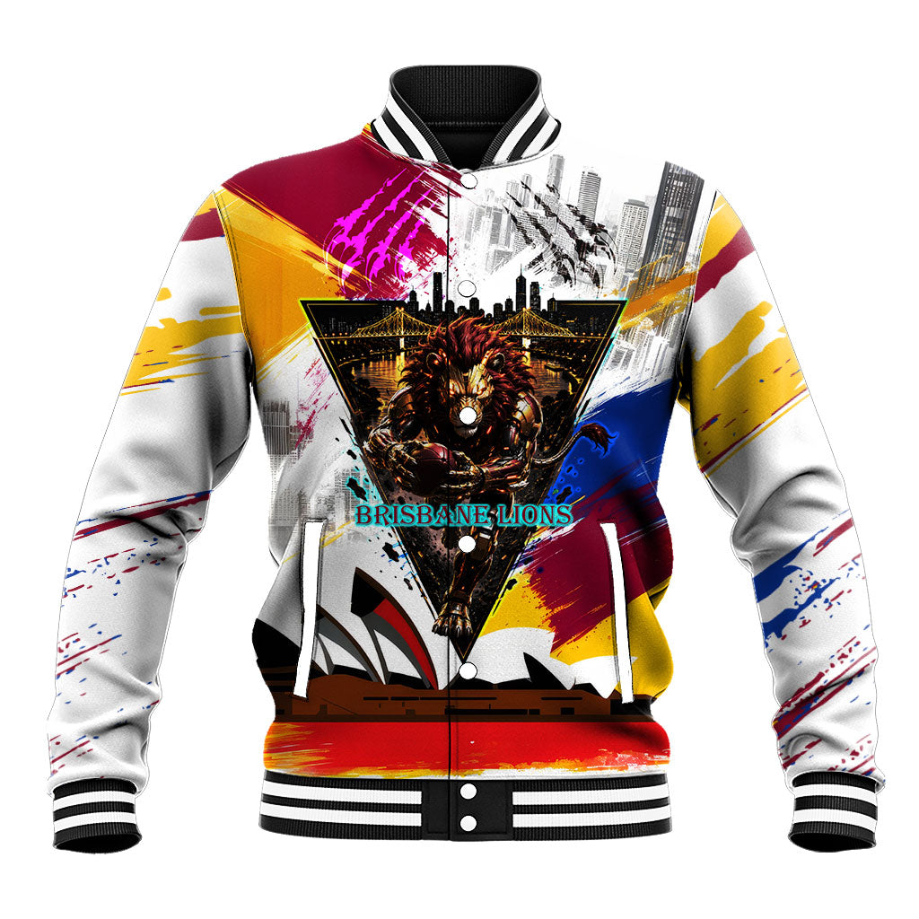 Personalised Brisbane Lions Football Baseball Jacket Australia City Skyline Graphic Fierce Mascot Art
