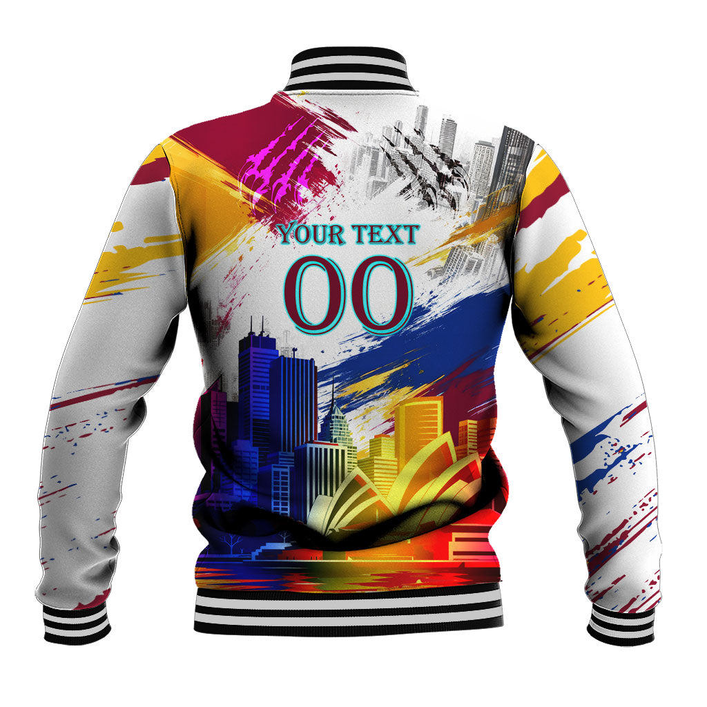 Personalised Brisbane Lions Football Baseball Jacket Australia City Skyline Graphic Fierce Mascot Art