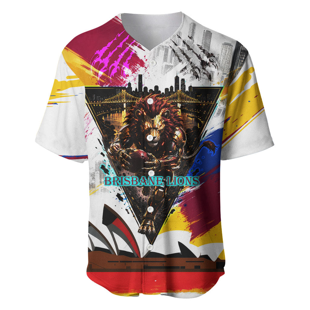 Personalised Brisbane Lions Football Baseball Jersey Australia City Skyline Graphic Fierce Mascot Art