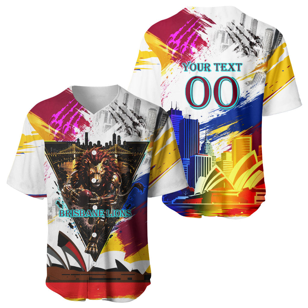 Personalised Brisbane Lions Football Baseball Jersey Australia City Skyline Graphic Fierce Mascot Art