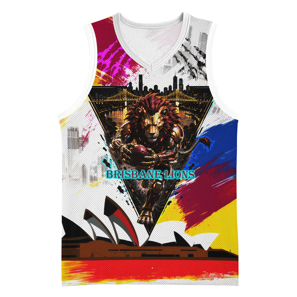 Personalised Brisbane Lions Football Basketball Jersey Australia City Skyline Graphic Fierce Mascot Art