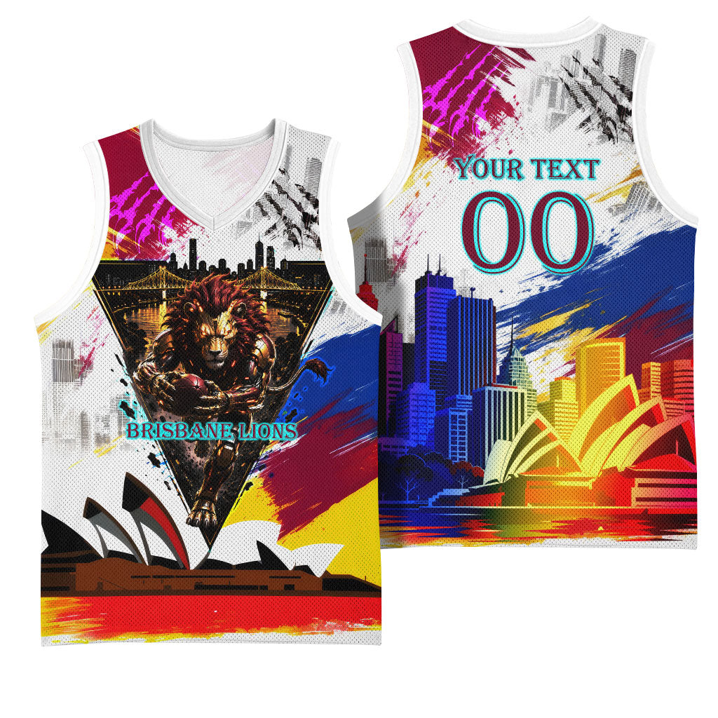 Personalised Brisbane Lions Football Basketball Jersey Australia City Skyline Graphic Fierce Mascot Art