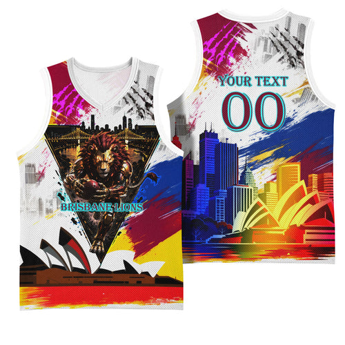 Personalised Brisbane Lions Football Basketball Jersey Australia City Skyline Graphic Fierce Mascot Art