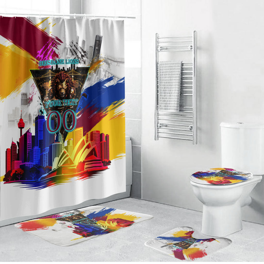 Personalised Brisbane Lions Football Bathroom Set Australia City Skyline Graphic Fierce Mascot Art