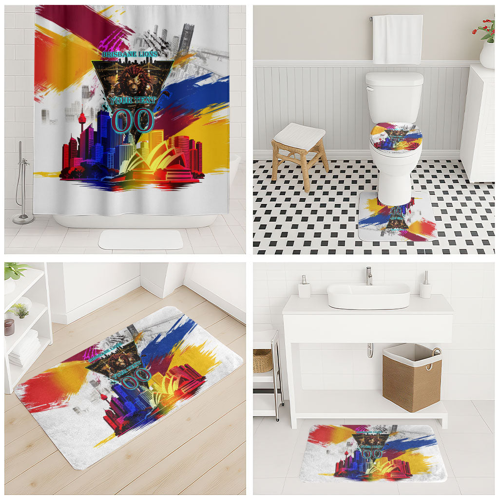 Personalised Brisbane Lions Football Bathroom Set Australia City Skyline Graphic Fierce Mascot Art