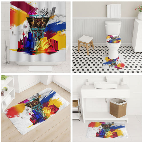 Personalised Brisbane Lions Football Bathroom Set Australia City Skyline Graphic Fierce Mascot Art