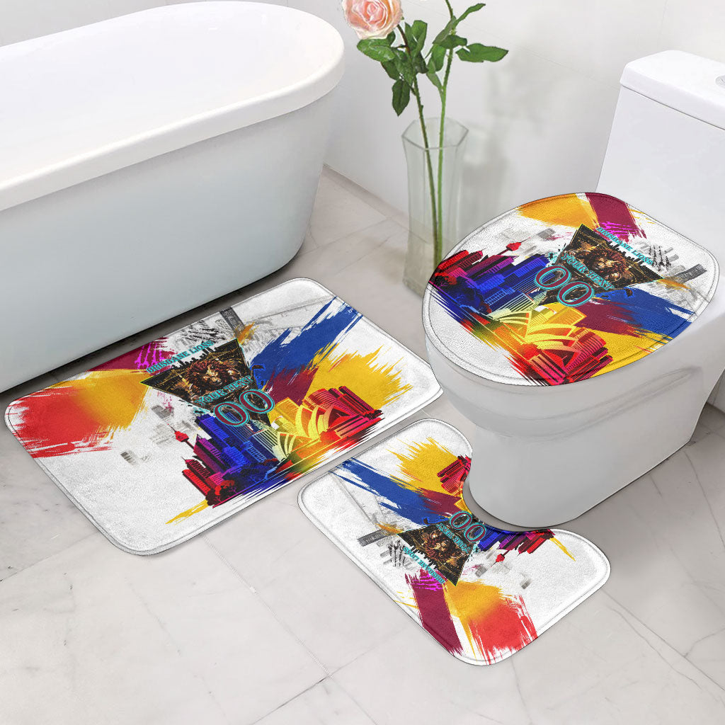 Personalised Brisbane Lions Football Bathroom Set Australia City Skyline Graphic Fierce Mascot Art