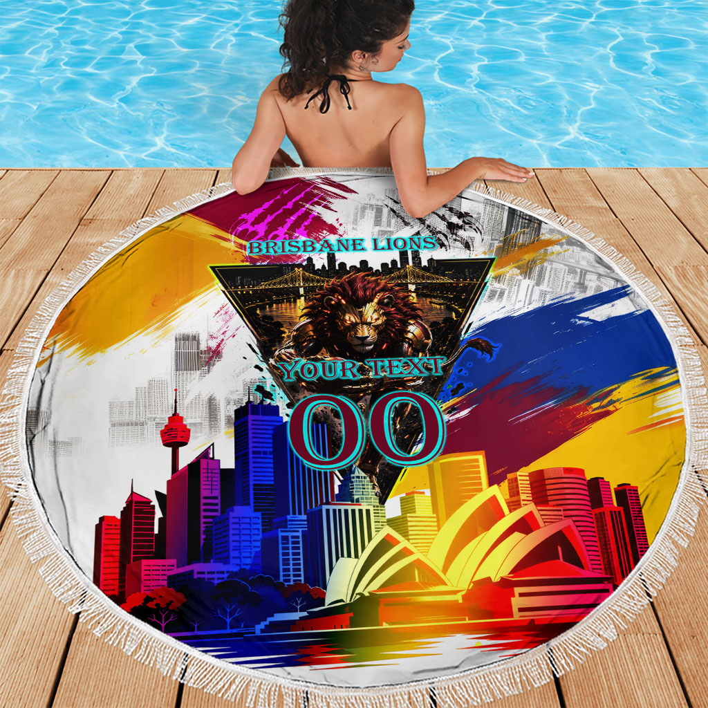 Personalised Brisbane Lions Football Beach Blanket Australia City Skyline Graphic Fierce Mascot Art