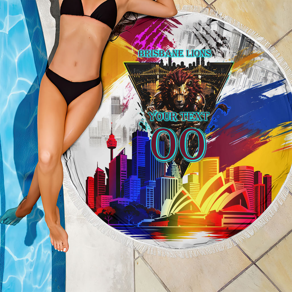 Personalised Brisbane Lions Football Beach Blanket Australia City Skyline Graphic Fierce Mascot Art