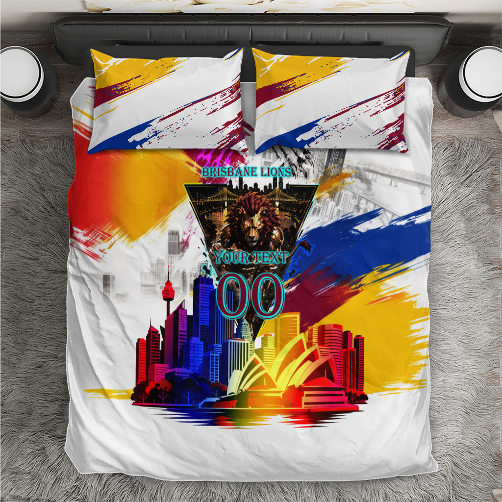 Personalised Brisbane Lions Football Bedding Set Australia City Skyline Graphic Fierce Mascot Art