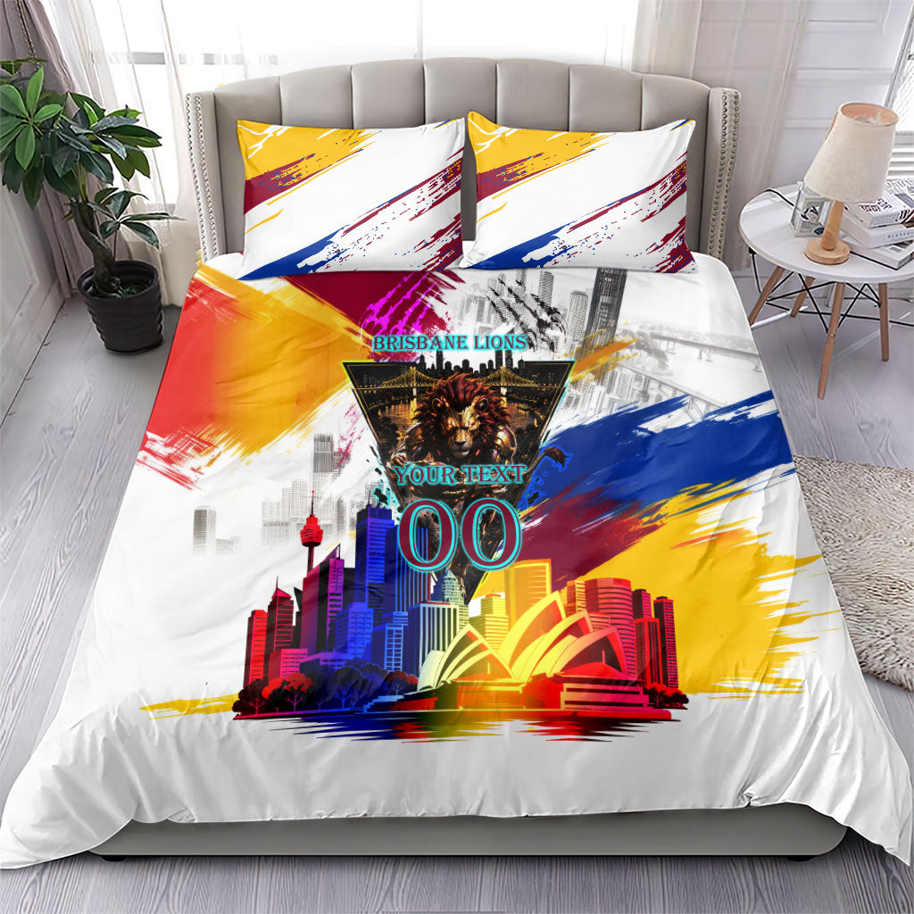 Personalised Brisbane Lions Football Bedding Set Australia City Skyline Graphic Fierce Mascot Art