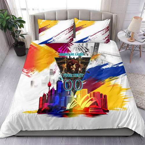 Personalised Brisbane Lions Football Bedding Set Australia City Skyline Graphic Fierce Mascot Art