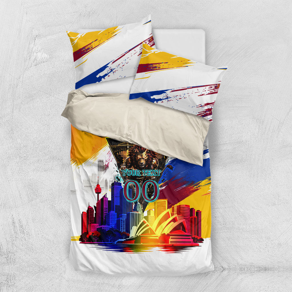 Personalised Brisbane Lions Football Bedding Set Australia City Skyline Graphic Fierce Mascot Art