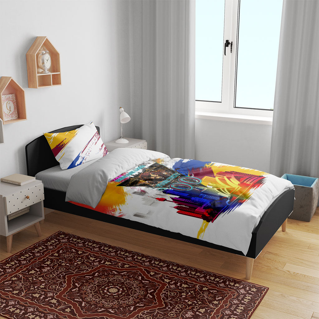 Personalised Brisbane Lions Football Bedding Set Australia City Skyline Graphic Fierce Mascot Art