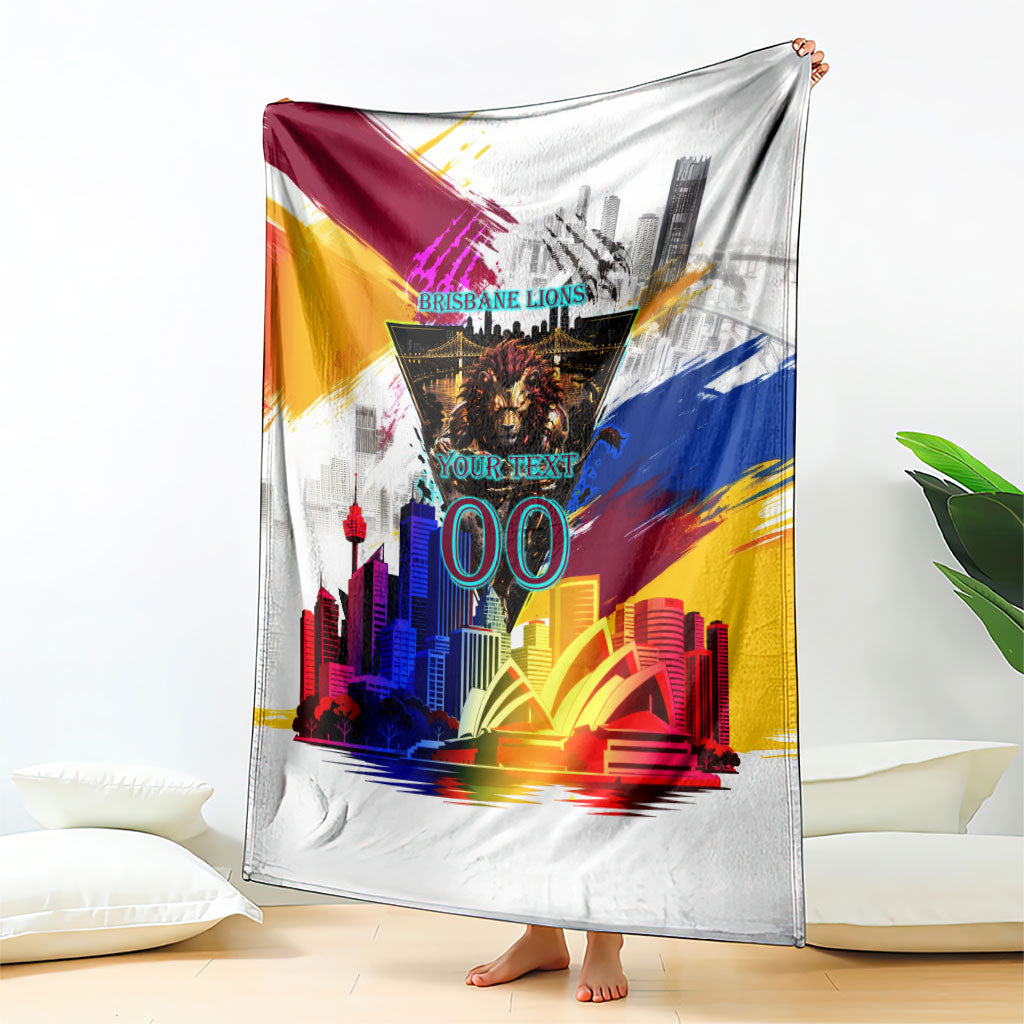 Personalised Brisbane Lions Football Blanket Australia City Skyline Graphic Fierce Mascot Art