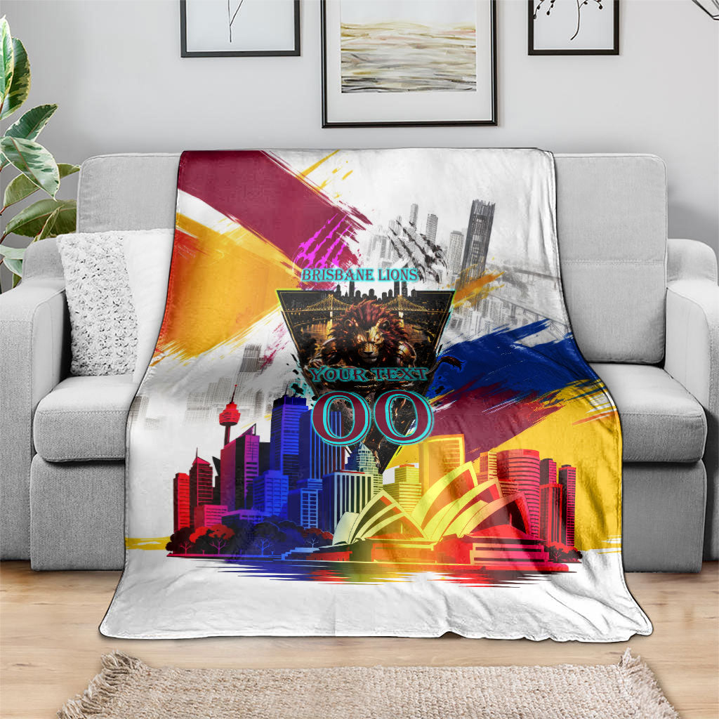 Personalised Brisbane Lions Football Blanket Australia City Skyline Graphic Fierce Mascot Art