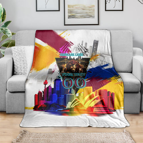Personalised Brisbane Lions Football Blanket Australia City Skyline Graphic Fierce Mascot Art