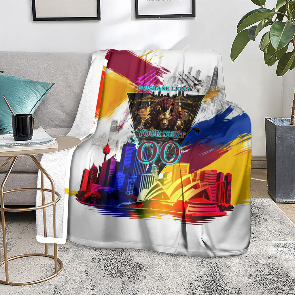 Personalised Brisbane Lions Football Blanket Australia City Skyline Graphic Fierce Mascot Art