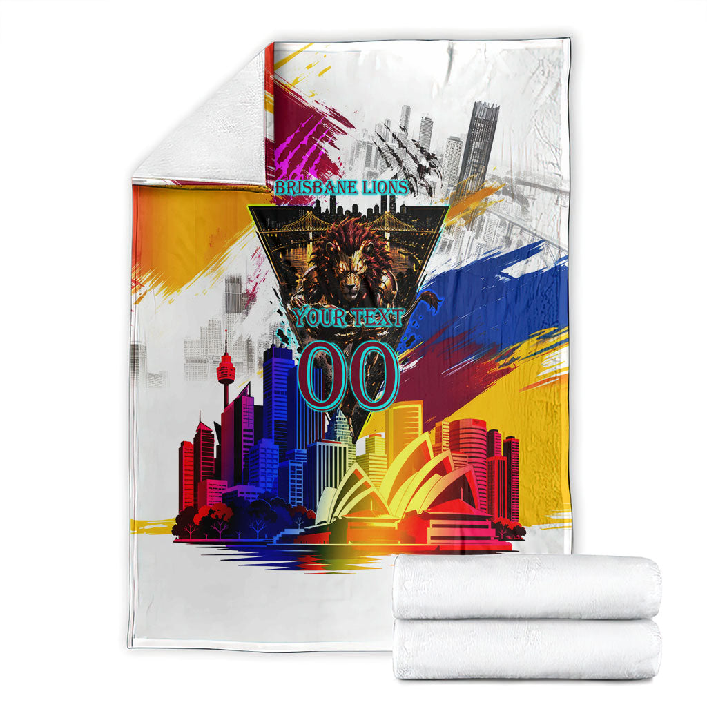 Personalised Brisbane Lions Football Blanket Australia City Skyline Graphic Fierce Mascot Art