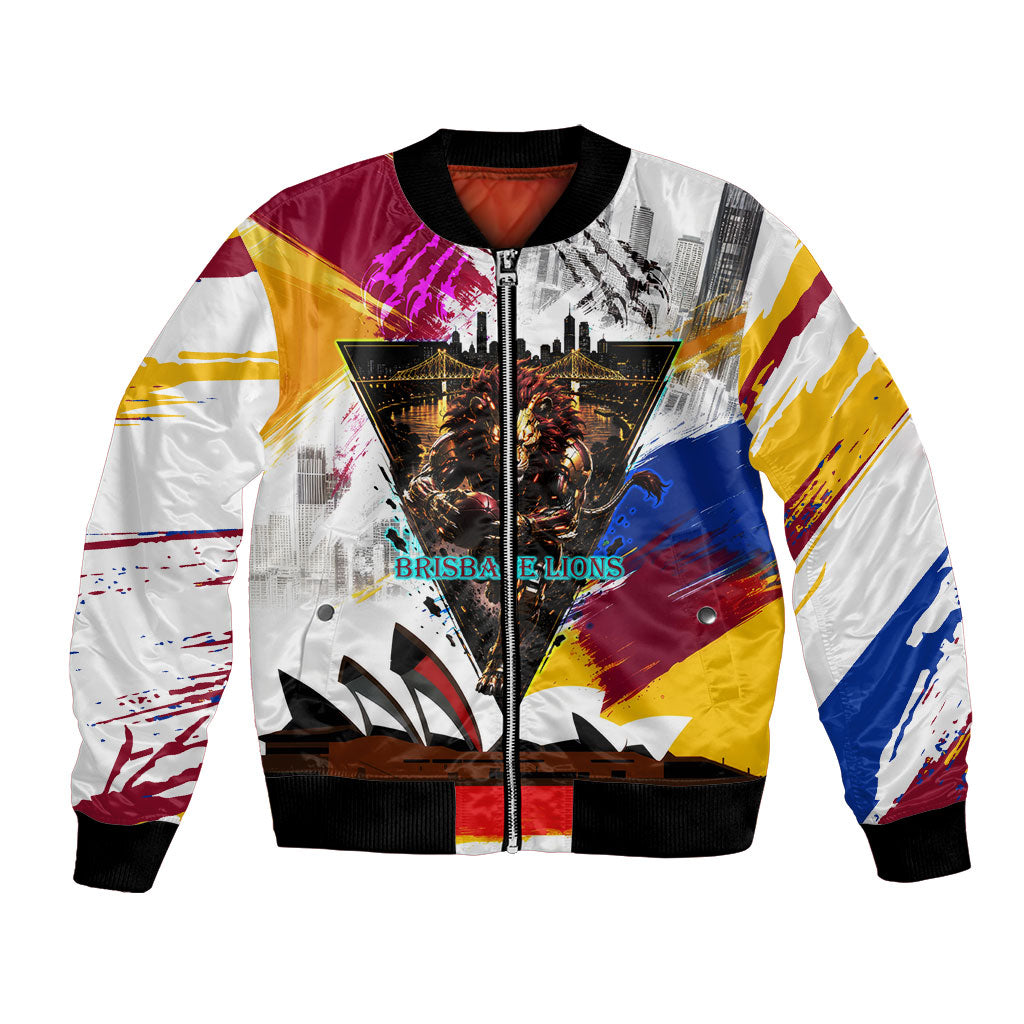 Personalised Brisbane Lions Football Bomber Jacket Australia City Skyline Graphic Fierce Mascot Art