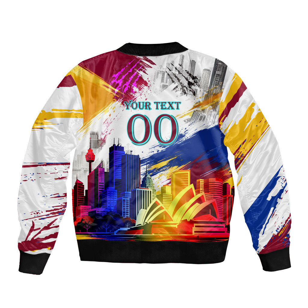 Personalised Brisbane Lions Football Bomber Jacket Australia City Skyline Graphic Fierce Mascot Art