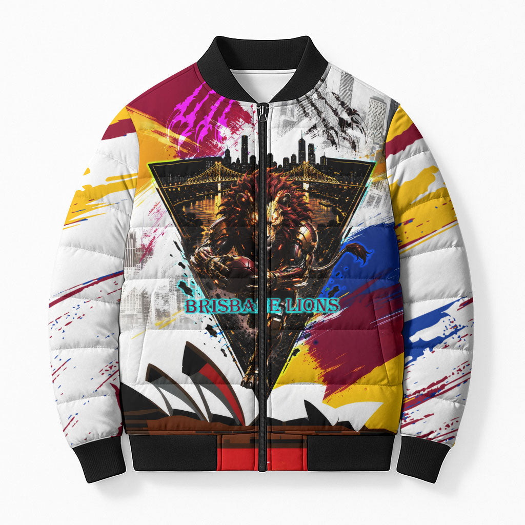 Personalised Brisbane Lions Football Bomber Puffer Jacket Australia City Skyline Graphic Fierce Mascot Art