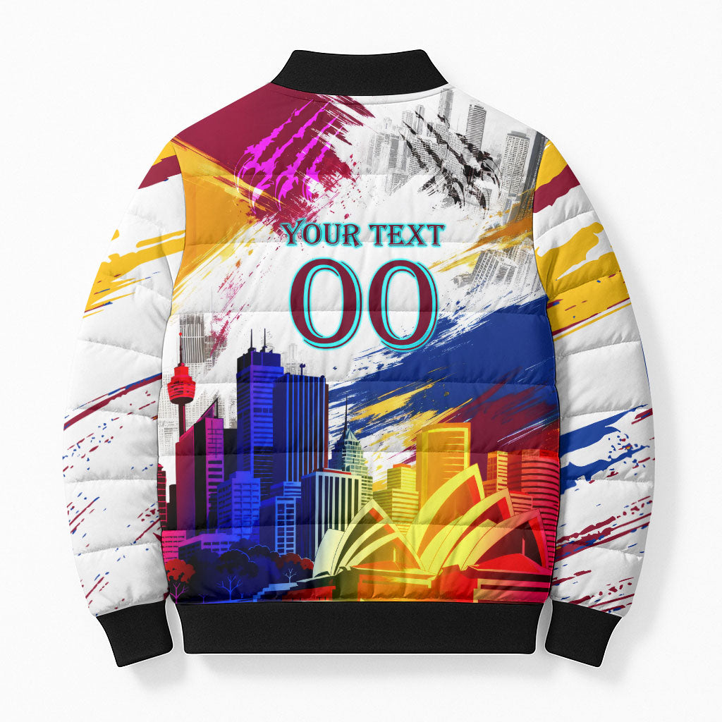 Personalised Brisbane Lions Football Bomber Puffer Jacket Australia City Skyline Graphic Fierce Mascot Art