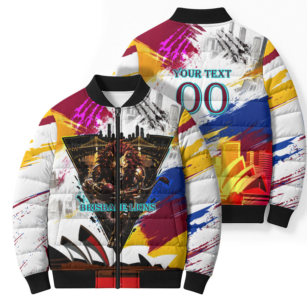 Personalised Brisbane Lions Football Bomber Puffer Jacket Australia City Skyline Graphic Fierce Mascot Art