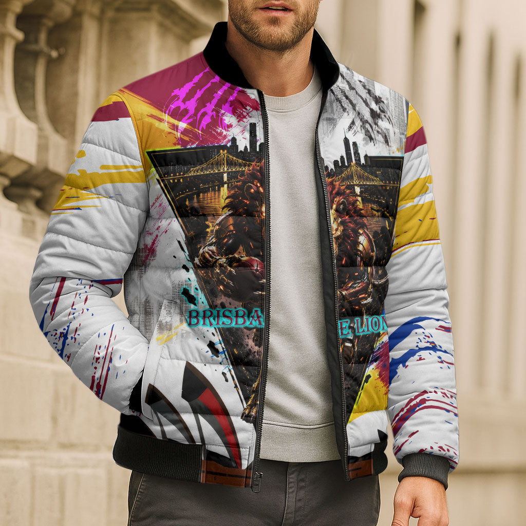 Personalised Brisbane Lions Football Bomber Puffer Jacket Australia City Skyline Graphic Fierce Mascot Art