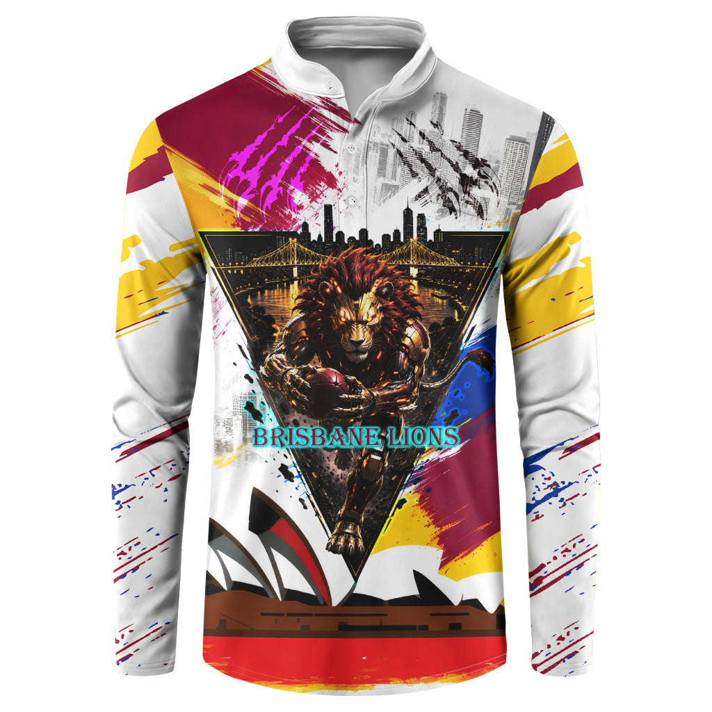 Personalised Brisbane Lions Football Button Sweatshirt Australia City Skyline Graphic Fierce Mascot Art