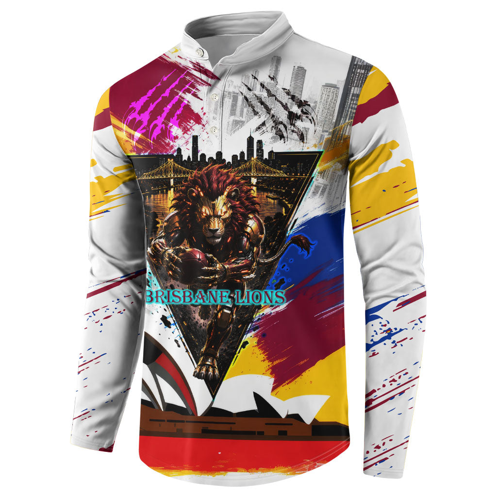 Personalised Brisbane Lions Football Button Sweatshirt Australia City Skyline Graphic Fierce Mascot Art