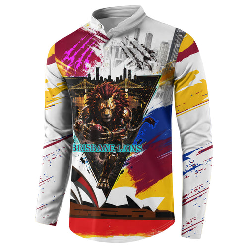 Personalised Brisbane Lions Football Button Sweatshirt Australia City Skyline Graphic Fierce Mascot Art
