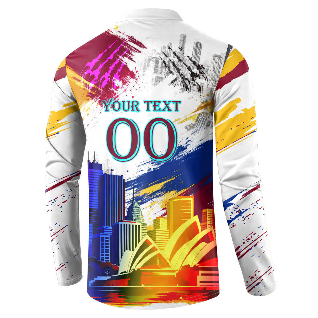 Personalised Brisbane Lions Football Button Sweatshirt Australia City Skyline Graphic Fierce Mascot Art