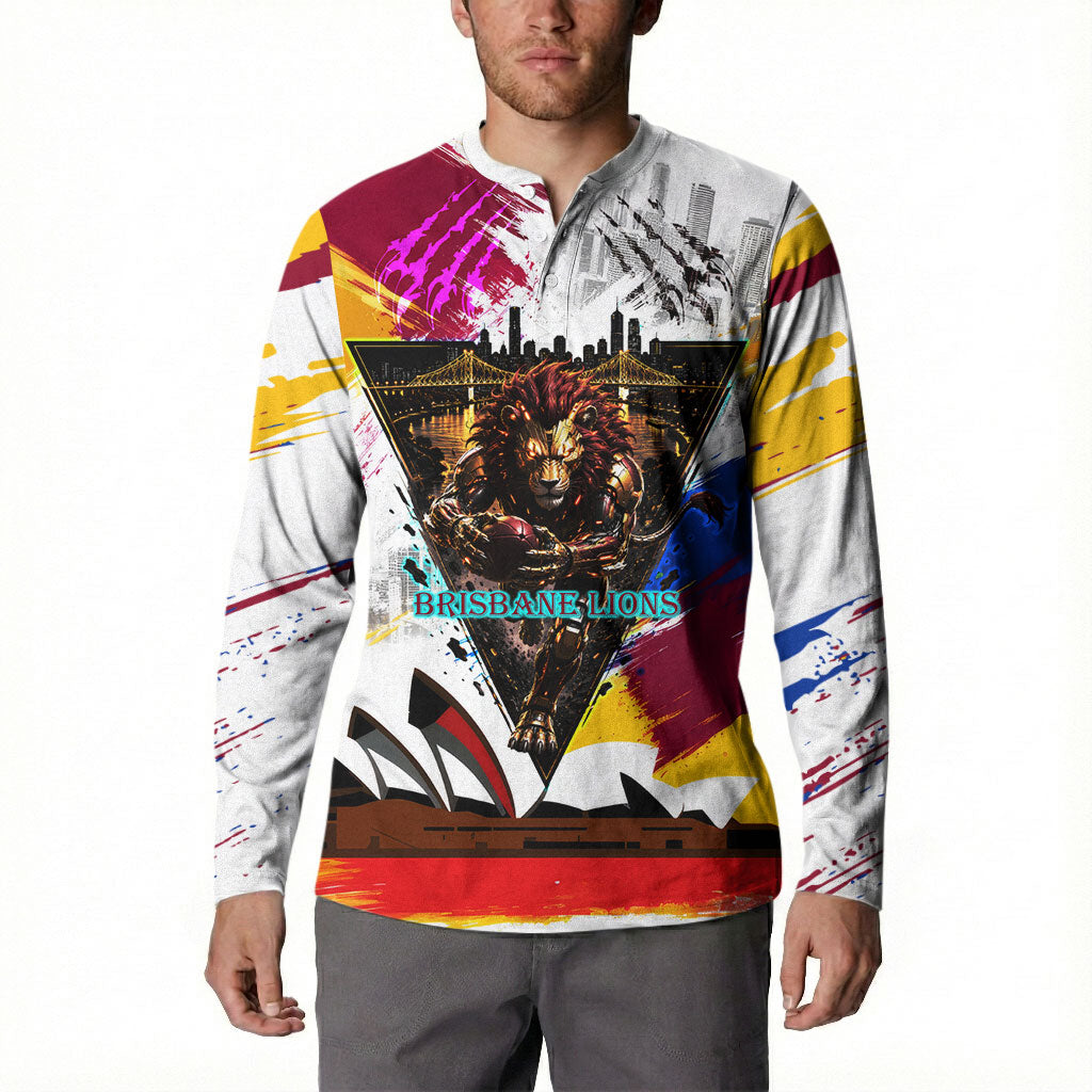 Personalised Brisbane Lions Football Button Sweatshirt Australia City Skyline Graphic Fierce Mascot Art