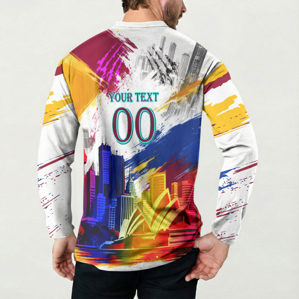Personalised Brisbane Lions Football Button Sweatshirt Australia City Skyline Graphic Fierce Mascot Art