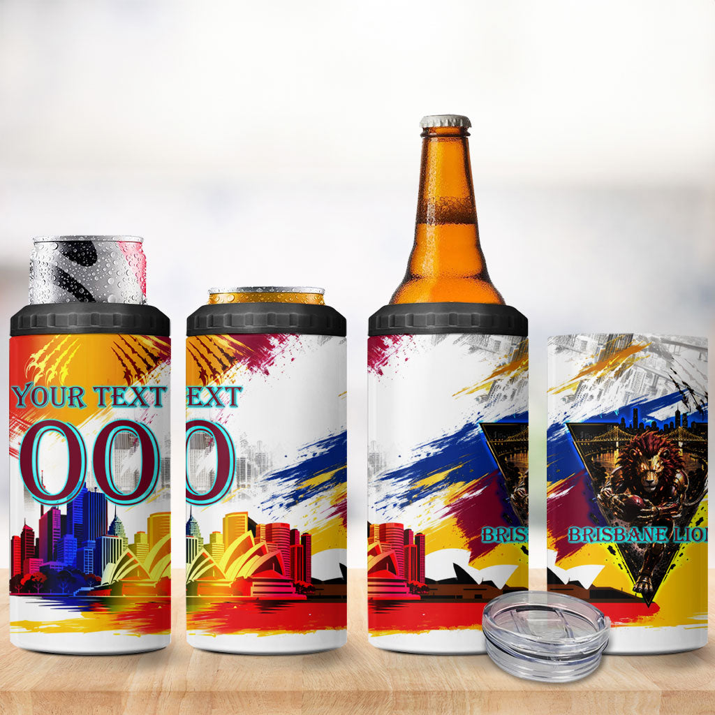 Personalised Brisbane Lions Football 4 in 1 Can Cooler Tumbler Australia City Skyline Graphic Fierce Mascot Art